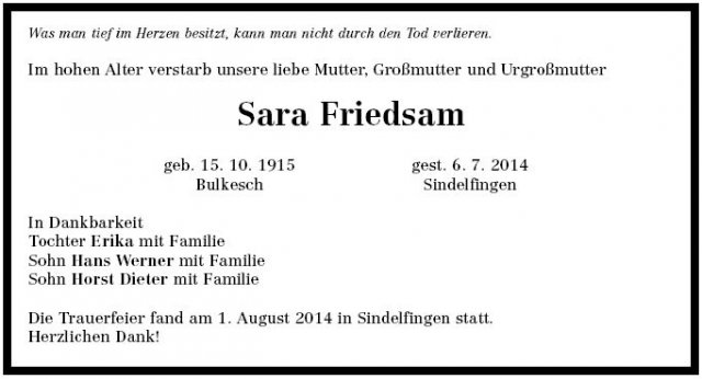 Schmidt Sara 1915-2014 Todesanzeige